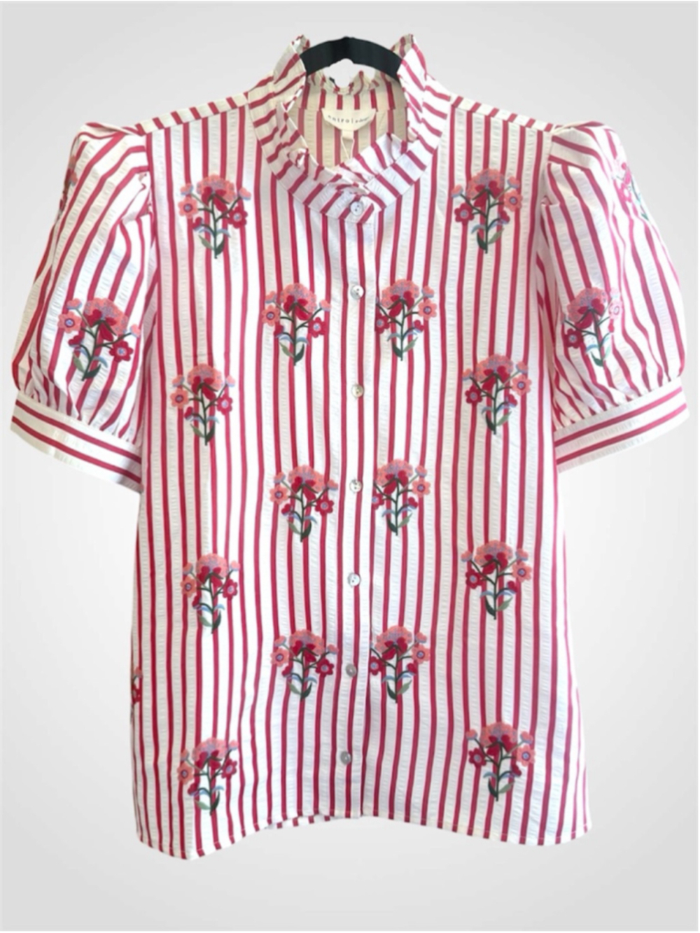 Entro Embroidered Stripe Puff Sleeve Blouse in Red Size XL